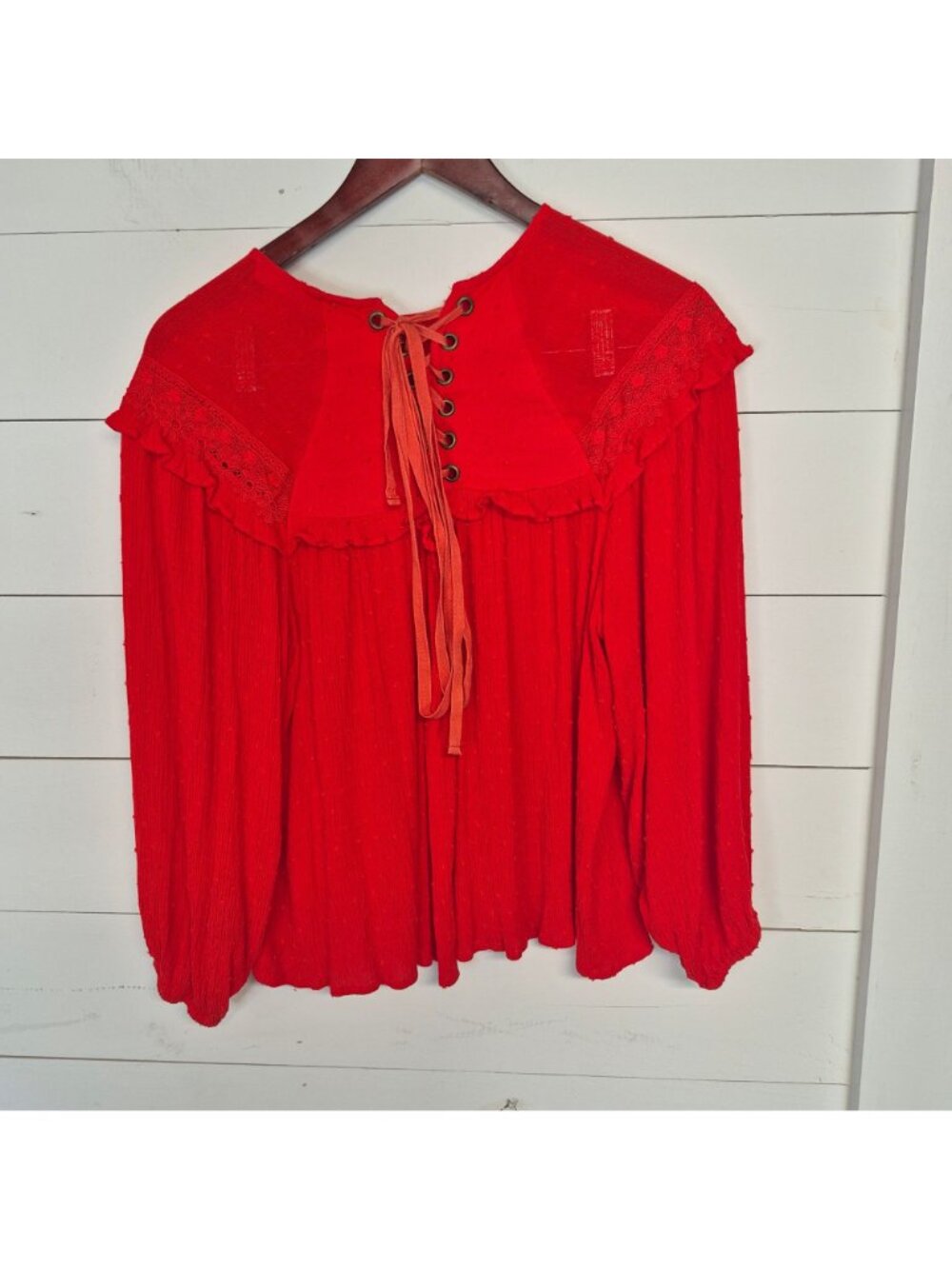 Boho Red Long Sleeve Lace-Trim Blouse With Back Tie Detail Womens Size S - Picture 5 of 8